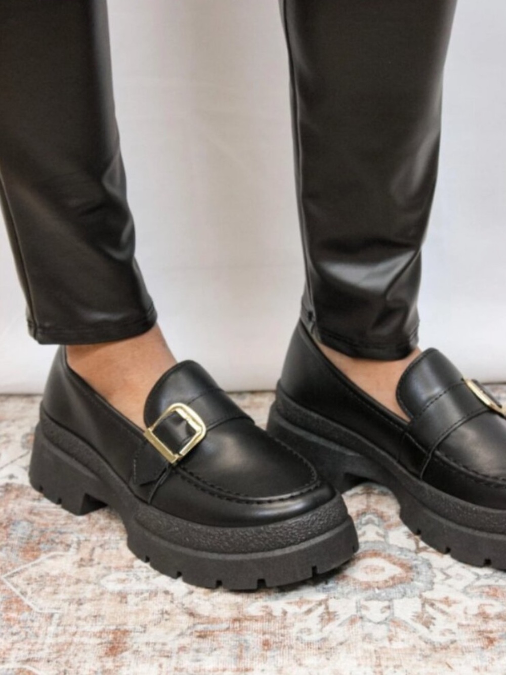 Qupid Black Chunky Faux Leather Platform Loafers with Gold Buckle